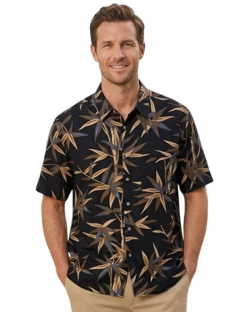 Izod Linen Blend Neutral Black Beige Tan Blue Hawaiian Shirt Size XXL